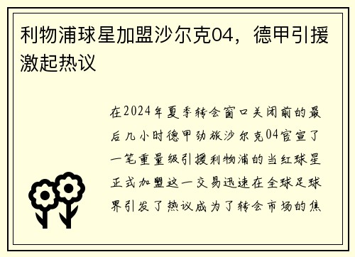 利物浦球星加盟沙尔克04，德甲引援激起热议